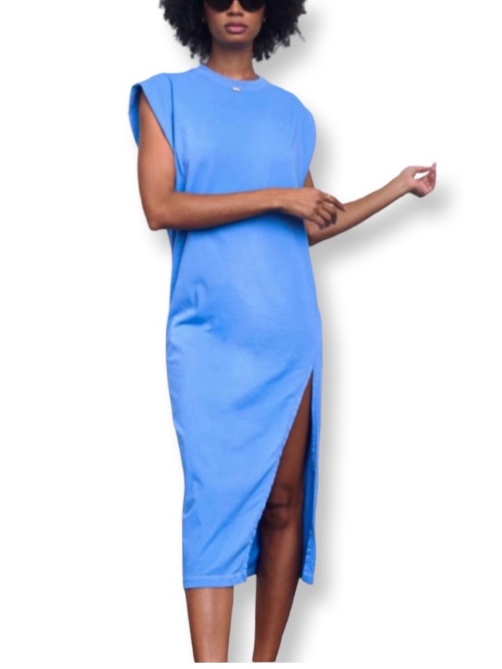 Pistola Jersey Sleeveless Blue Midi Dress with Side Slit